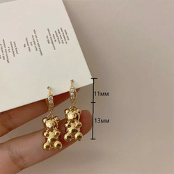 Серьги сережки с камешками бижутерия Мишки, золото