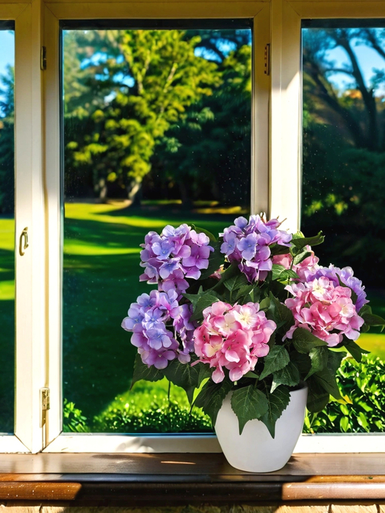 Искусственные цветы Гортензия розово-лиловая густая 40см в белом кашпо