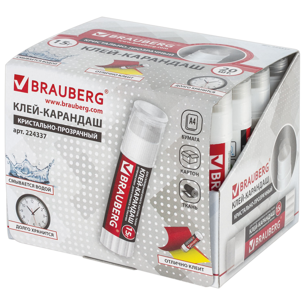 Клей-карандаш BRAUBERG "Crystal" 15 г прозрачный (20 штук в упаковке)