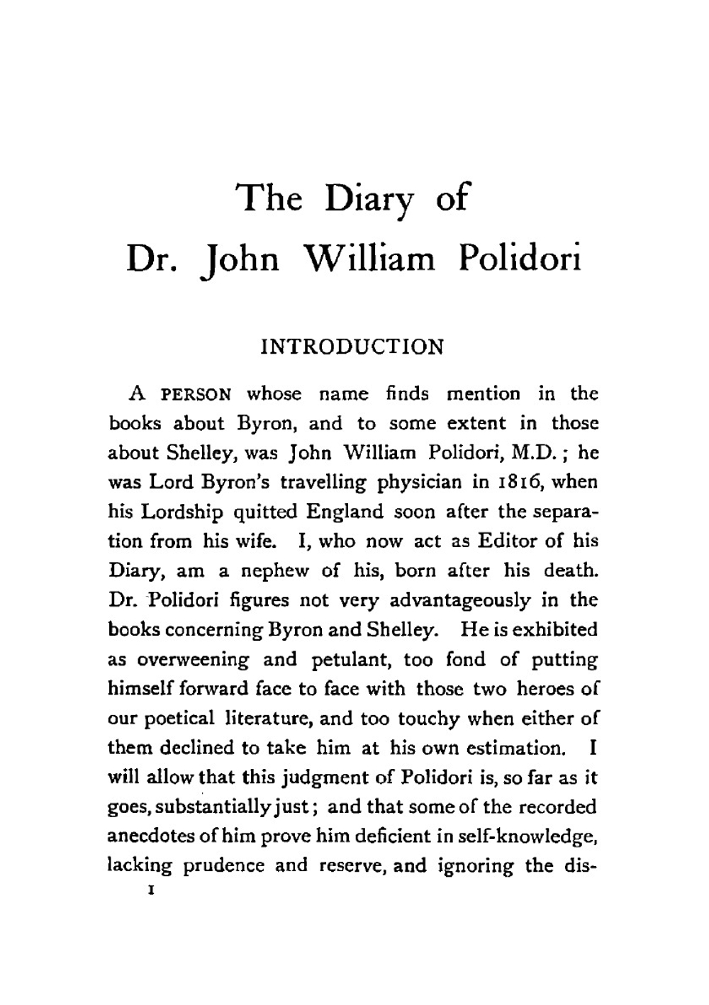 The diary of Dr. John William Polidori, 1816, relating to Byron, Shelley, etc | William Michael Rossetti
