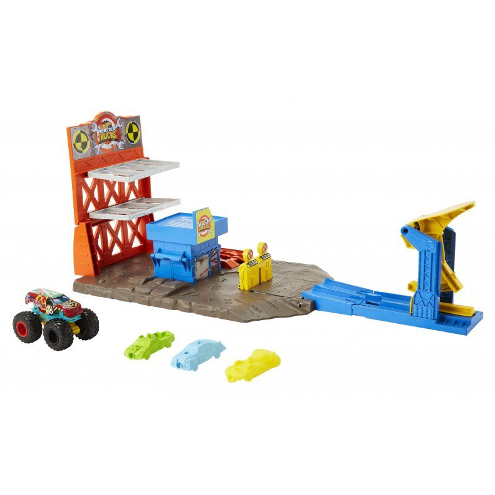 Hot Wheels Monster Trucks - Комплект для сноса на станции + Демо-автомобиль Derby HFB12