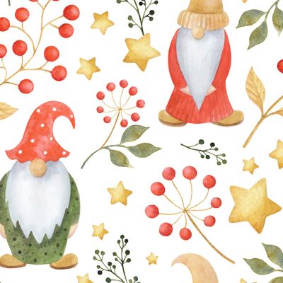 Лесные гномы, звёзды и ягоды на белом фоне