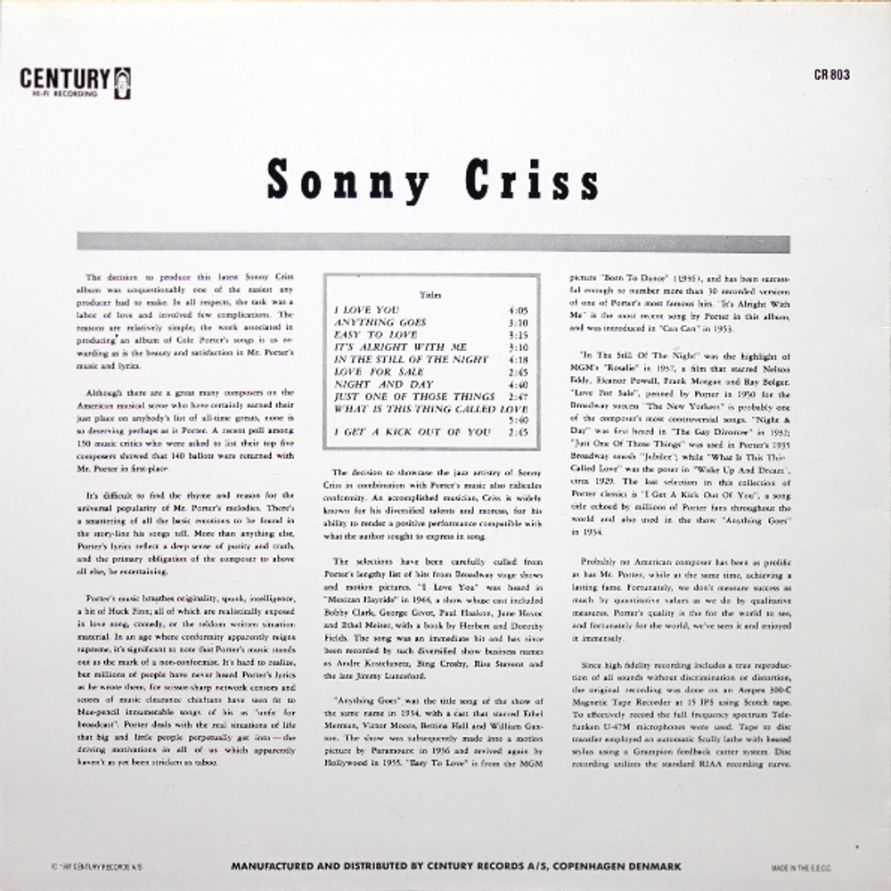Sonny Criss / Sonny Criss Plays Cole Porter (LP)