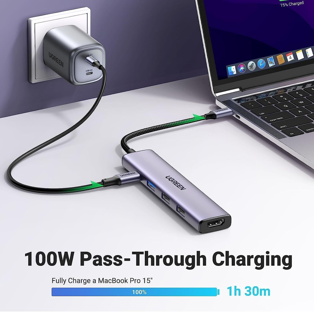 Конвертер USB 3.1 Type C на HDMI/USB 2.0x2/USB 3.0x1/Type C PD 100W UGREEN 15495
