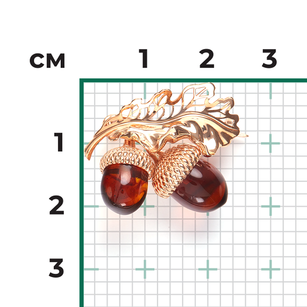 Брошь «Желуди» из красного золота с янтарём