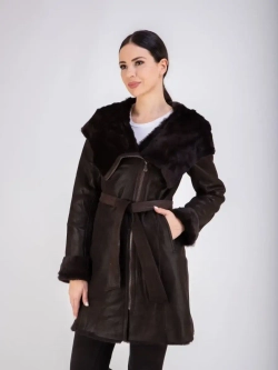 Дубленка женская натуральная длинная с капюшоном Турция