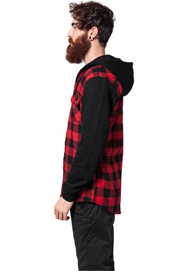 Рубашка URBAN CLASSICS Hooded Checked Flanell Sweat Sleeve Shirt  (Black/Red/Black)