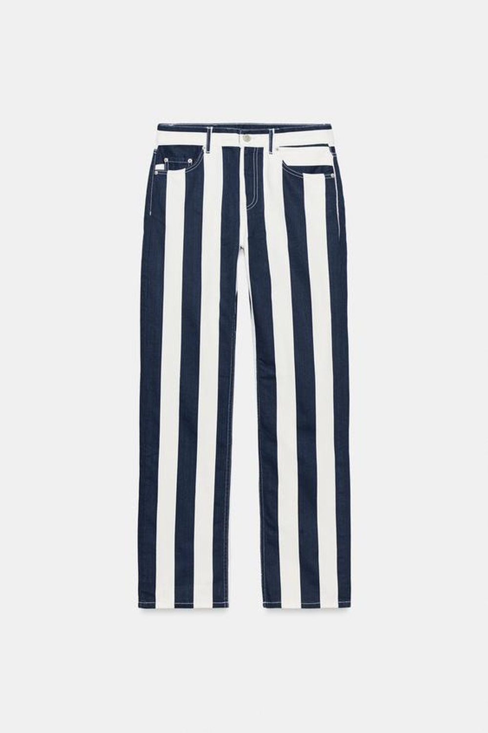 ZARA ДЖИНСЫ ПРЯМОГО КРОЯ В ПОЛОСКУ — ZW COLLECTION, БЕЛЫЙ/МОРСКОЙ СИНИЙ