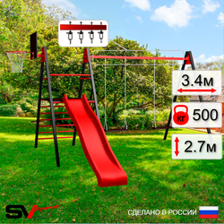 Уличные качели Sv Sport Maxi с горкой УК155КВ2 (3.4м/Щит баскет/Деревянные 2шт/Подвесы на втулке 2к)