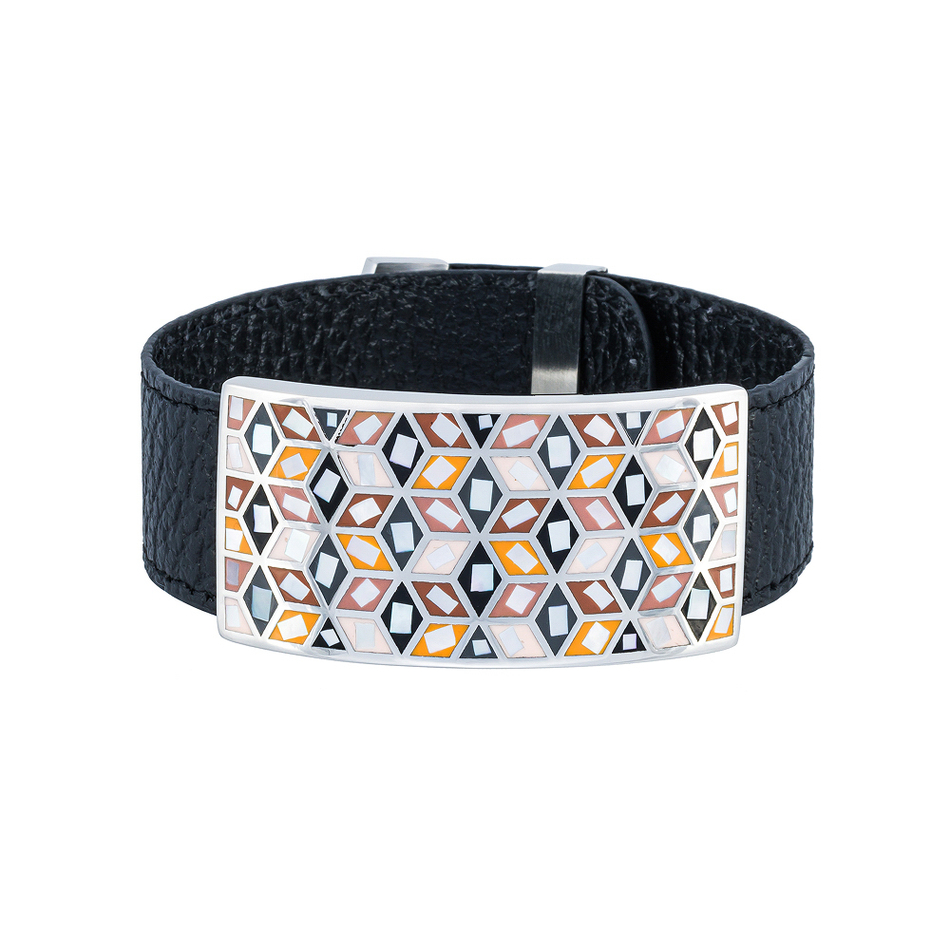 Браслет Fiore Luna на черном кожаном ремешке CB13209-4