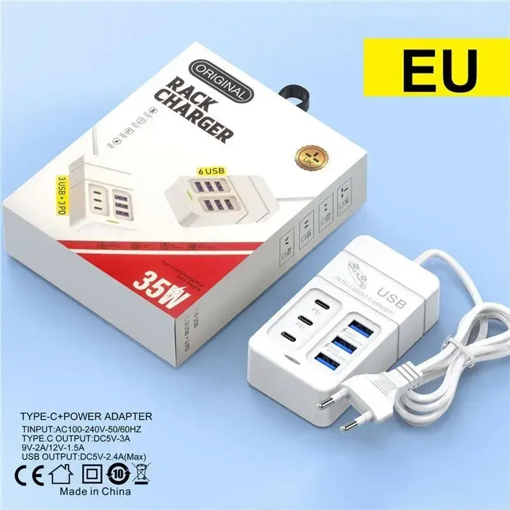 Удлинитель сетевой, с 3 USB + 3 PD розетки
