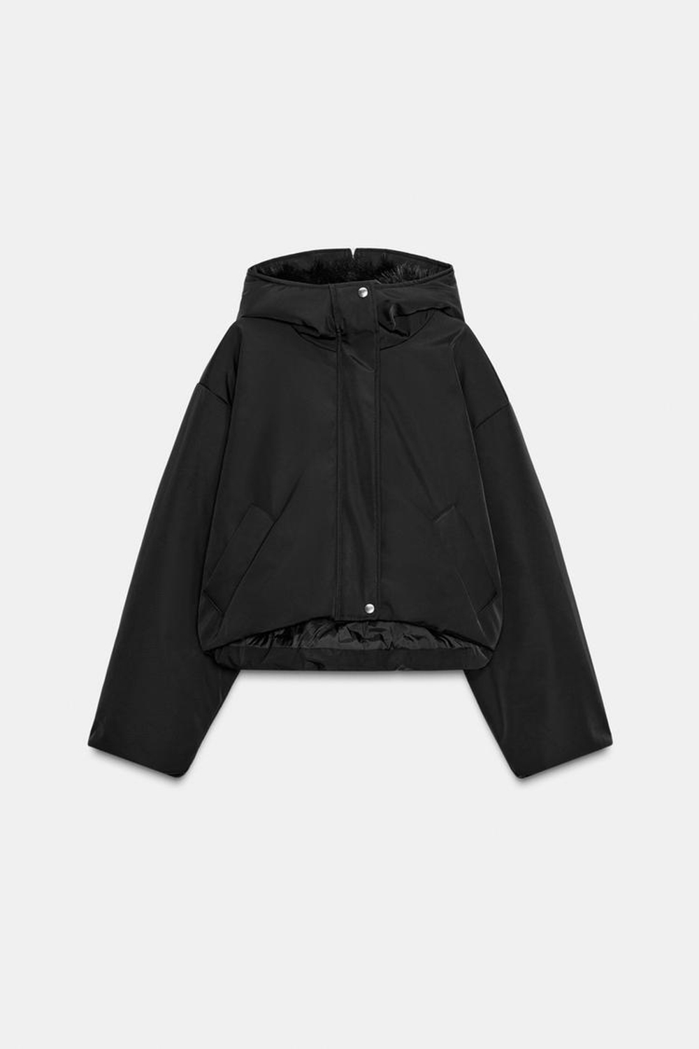 ZARA СТЕГАНАЯ ВЕТРОЗАЩИТНАЯ КУРТКА WATER REPELLENT С КАПЮШОНОМ И МЕХОМ, ЧЕРНЫЙ