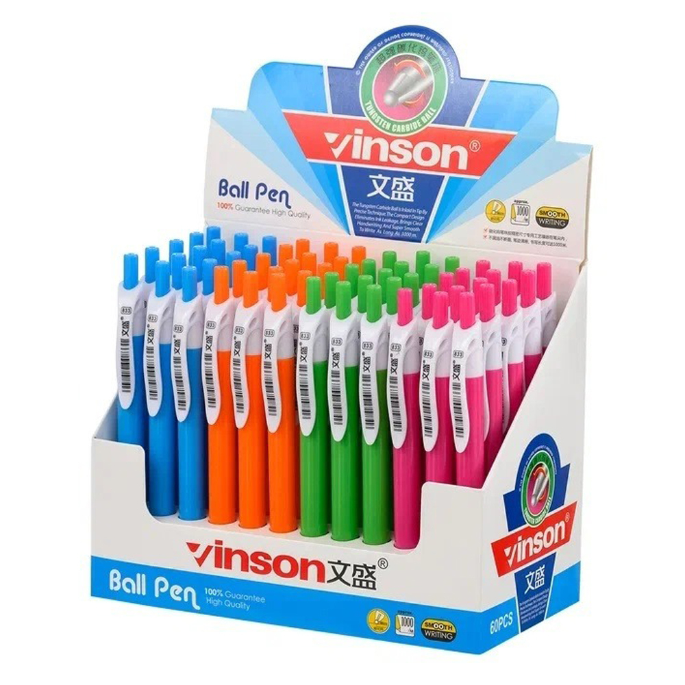 Ручка шариковая, масляная, автоматическая, Vinson, синие чернила, цветной корпус, набор 60 шт