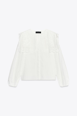 ZARA РУБАШКА ИЗ ПОПЛИНА С ВЫШИТЫМ ВОРОТНИКОМ — ZW COLLECTION, ЖЕЛТОВАТО-БЕЛЫЙ