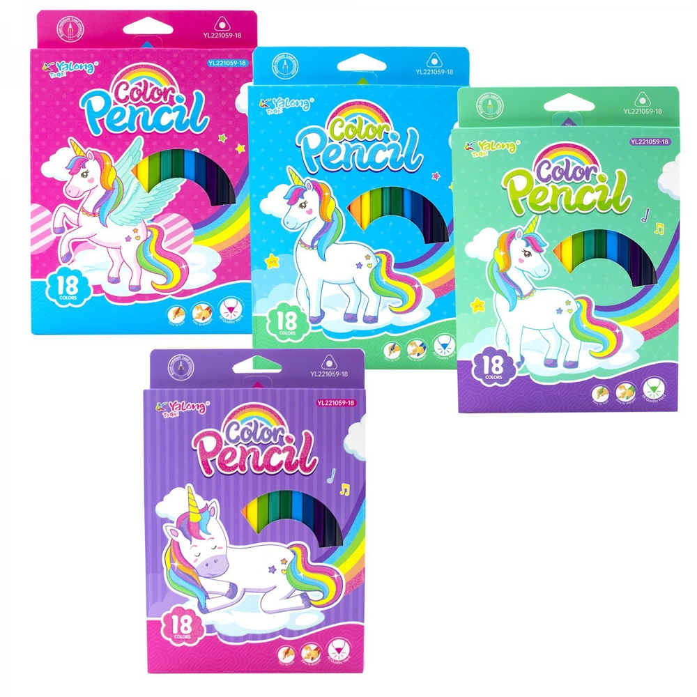 Карандаши цветные Yalong 18 цв., "Единорог" деревянные, трехгранные, заточнные, грифель 3.0 мм, картон. уп., европодвес