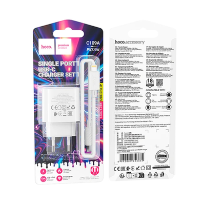 Сетевой адаптер питания HOCO C109A 1USB 2.1A + кабель Lightning (белый)