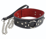 Чёрный кожаный ошейник с красной изнанкой и поводком (Цвет: черный с красным)