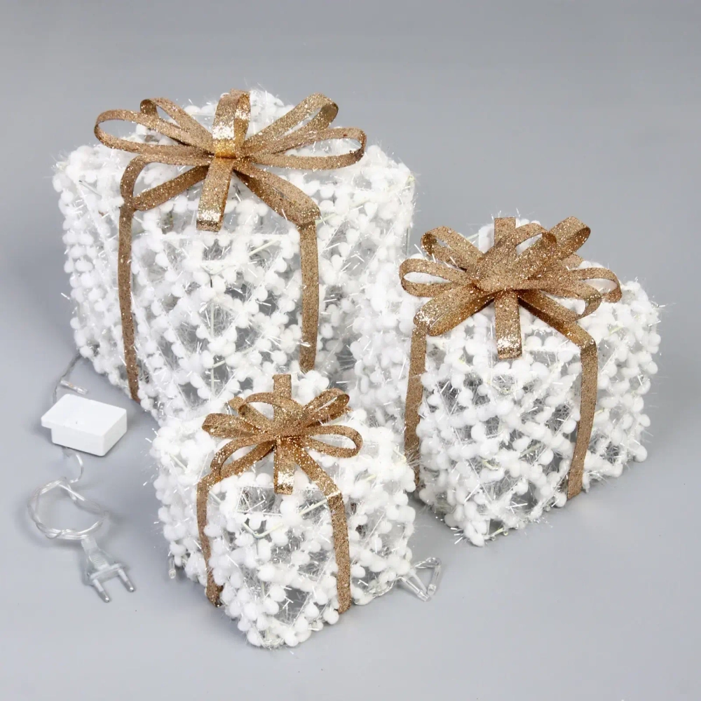 Фигура светодиодная «Подарок от Санты» (набор 3 шт: 12см, 15см, 19см), 220V, Золото (свечение - Теплый белый)