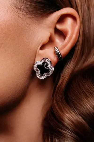 Серьги "Клевера" с ониксом и россыпью циркония