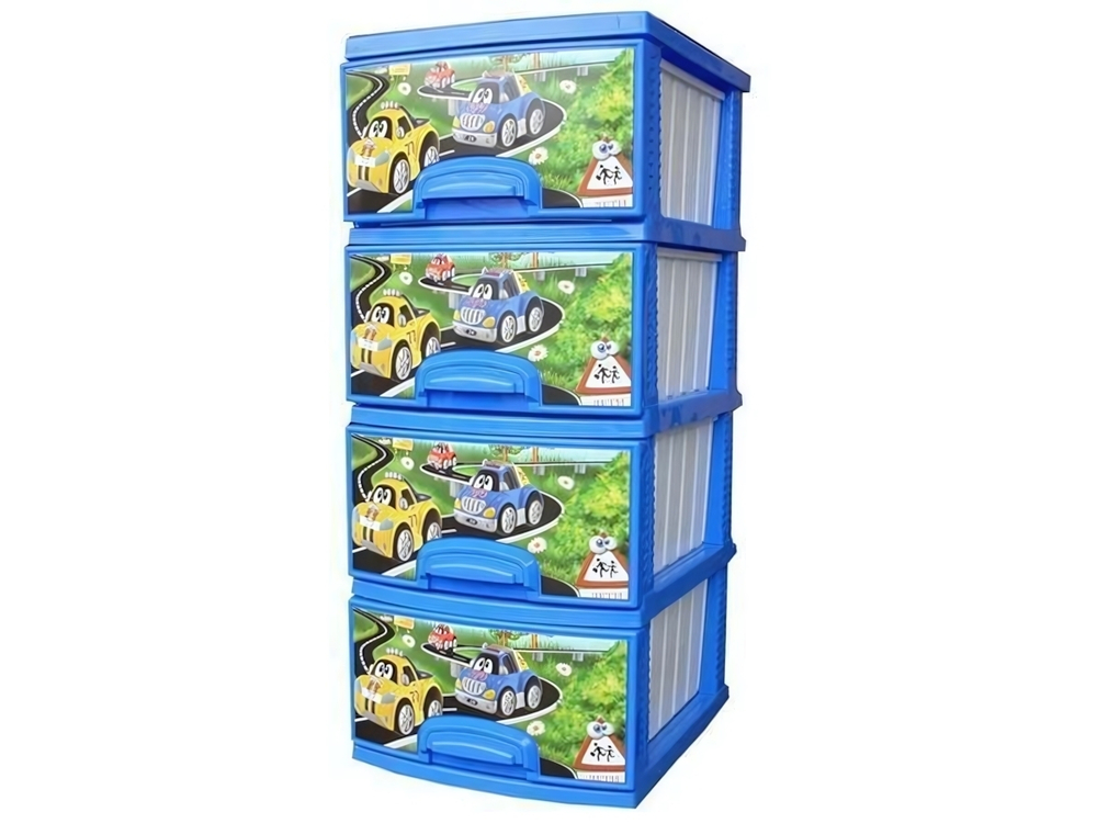 Комод 4-х секционный "Машинки" темно-голубой/белый