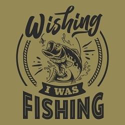 принт PewPewCat  Wishing I was fishing черный на оливковой футболке