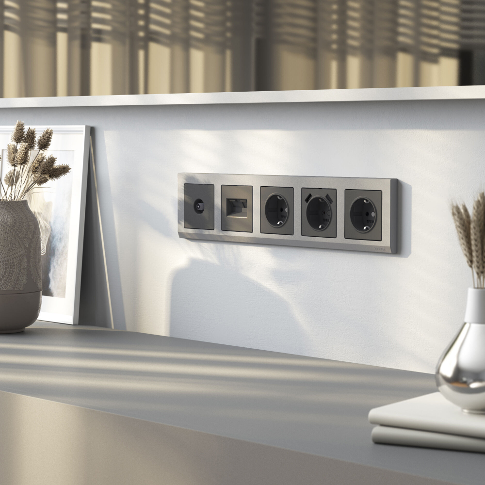 W1171164/ Розетка с заземлением и шторками (графит матовый)