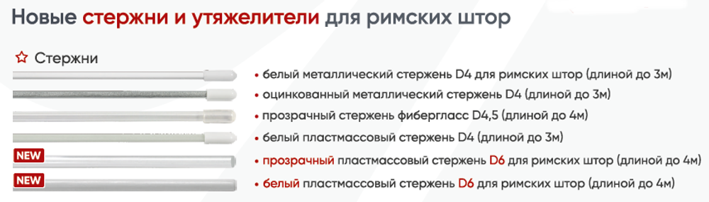 Пластиковый стержень d6 мм для римских штор, цвет белый