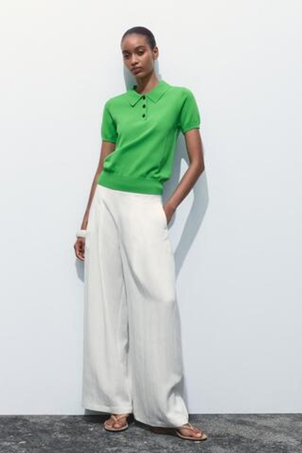 ZARA ТРИКОТАЖНЫЙ ТОП С ВОРОТНИКОМ ПОЛО И КОРОТКИМИ РУКАВАМИ, ЗЕЛЕНЫЙ