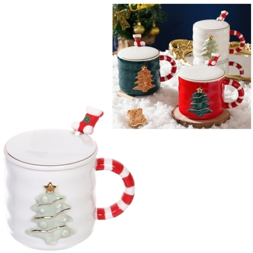 Кружка керамическая 380мл «Новогодняя ёлочка» с крышкой и ложкой