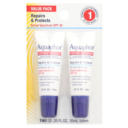 Aquaphor, Средство для защиты губ и солнцезащитное средство, SPF 30, без отдушек, 2 тюбика по 10 мл (0,35 жидк. унц.)