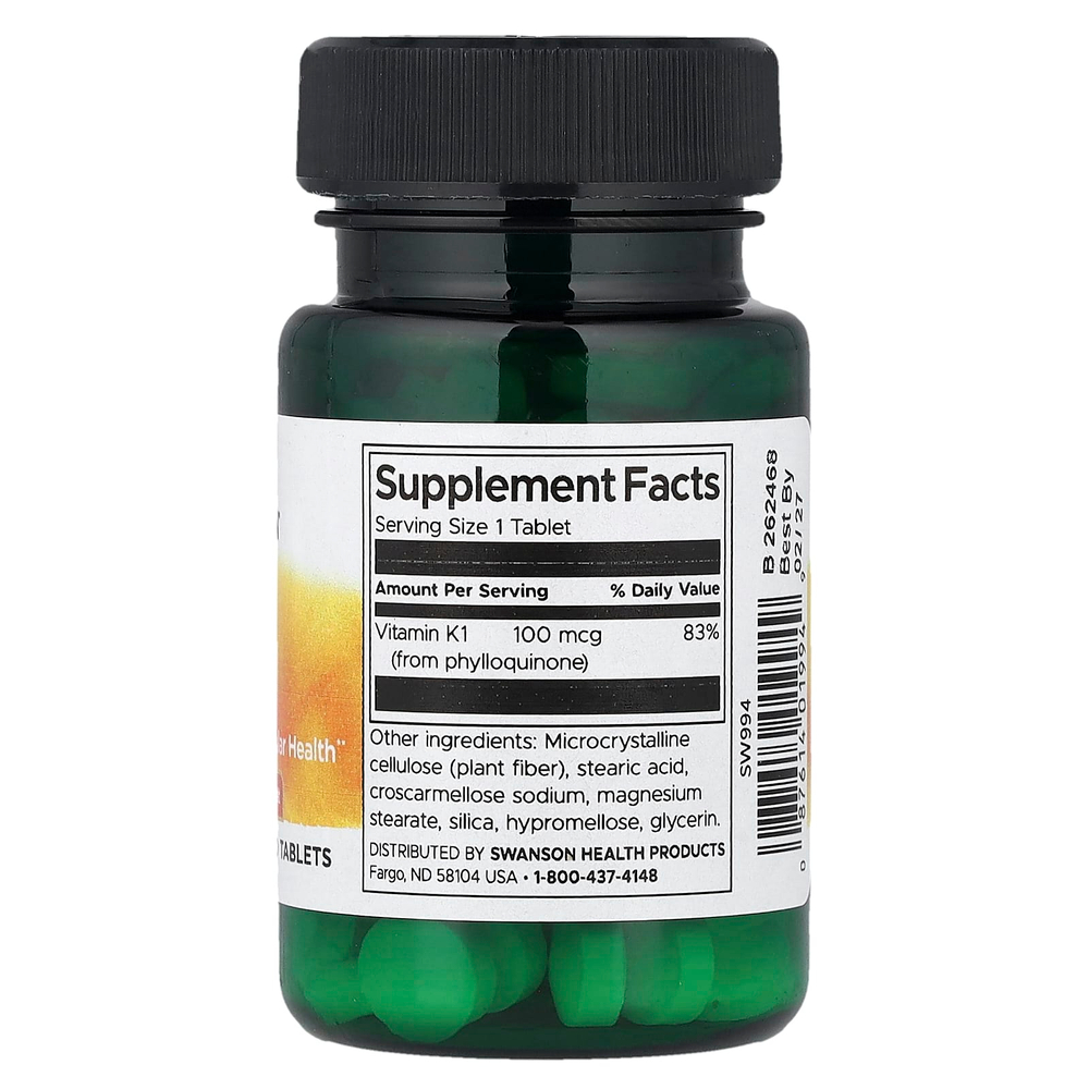 Swanson, Витамин K1, 100 мкг, 100 таблеток