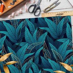 Ткань оксфорд 600 синие листочки с золотом