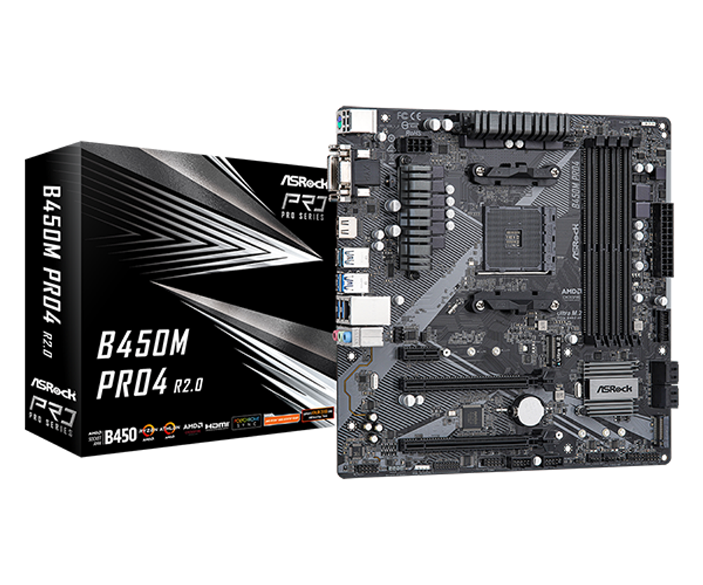 Материнская плата ASRock B450M PRO4 R2.0 [AM4, AMD B450, 4xDDR 4, 2xM.2, 2xPCI-E x16, Micro-ATX]