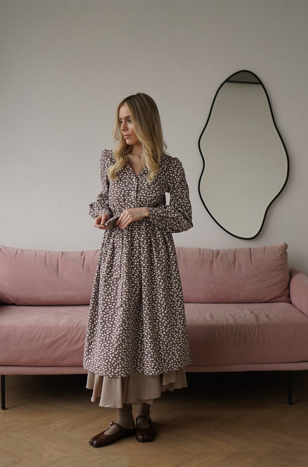 Платье Ева из фланели для беременных и кормящих мам, Мокко с цветами