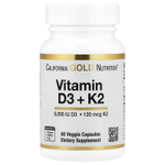 California Gold Nutrition, витамины D3 и K2 в виде МК-7, 60 растительных капсул