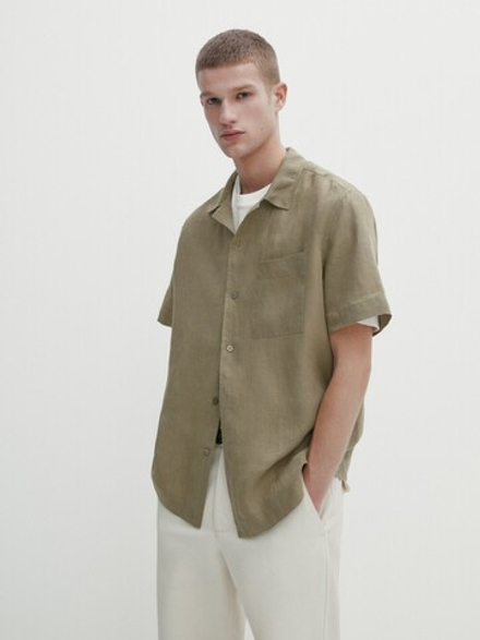 Massimo Dutti Льняная рубашка облегающего кроя с короткими рукавами, зеленый