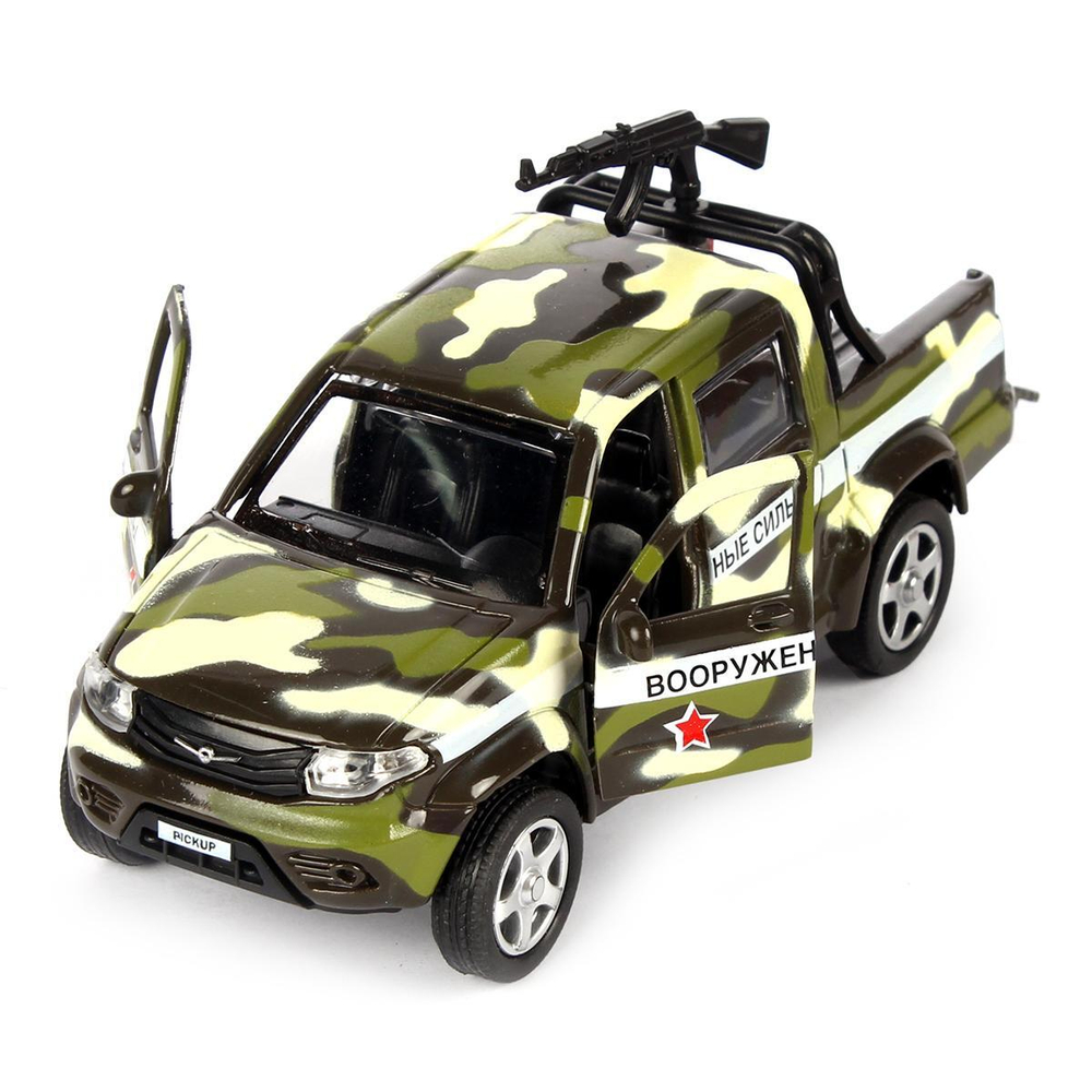 Модель ин. мет. "УАЗ Пикап камуфляж с пулеметом" 12см, двери, багаж. PICKUP-12MIL-ARMGN (Технопарк)
