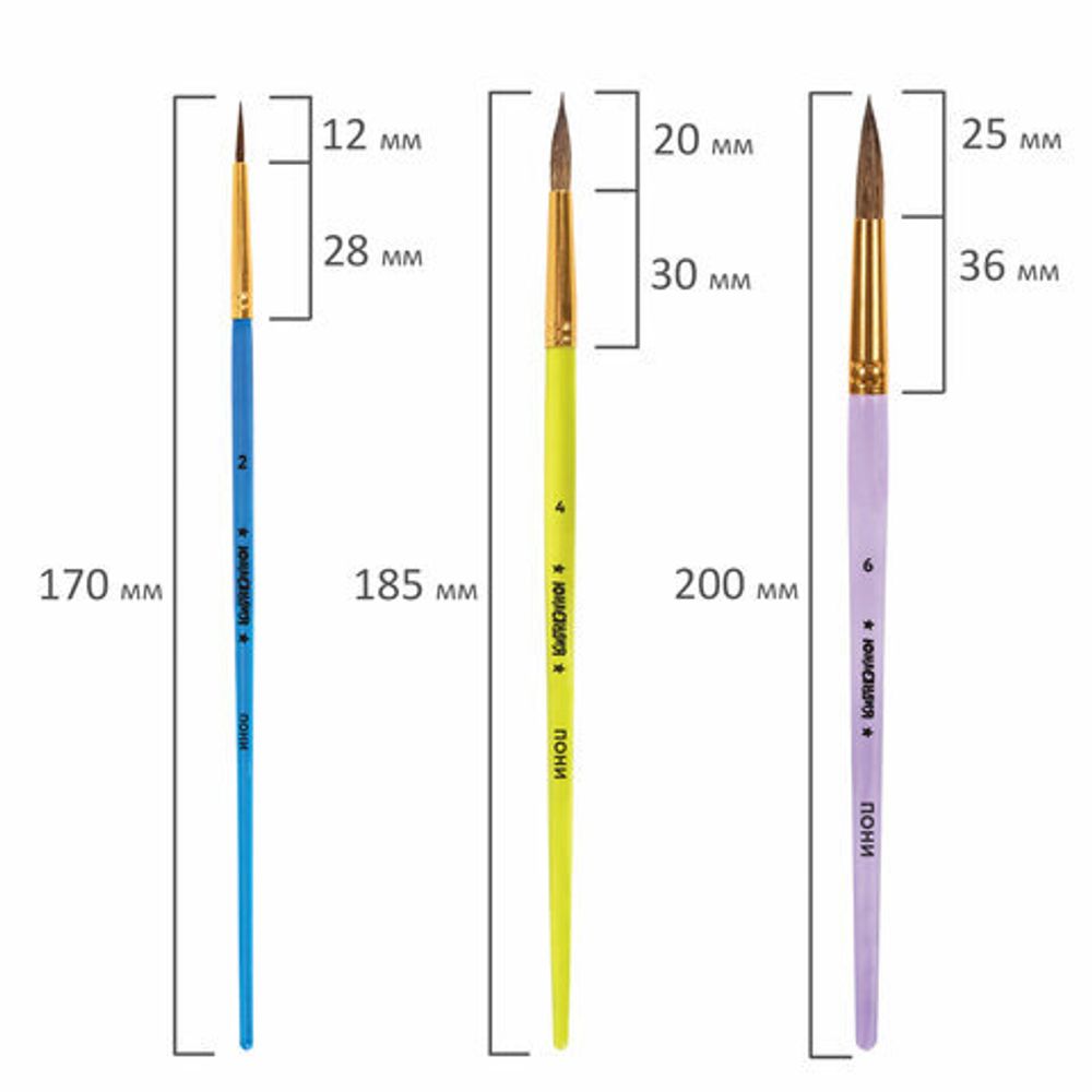 Кисти ПОНИ набор 3 шт. (круглые № 2, 4, 6), блистер, ЮНЛАНДИЯ, 201068