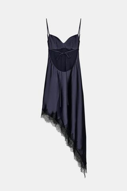 ZARA АТЛАСНОЕ АСИММЕТРИЧНОЕ ПЛАТЬЕ С КРУЖЕВОМ, МОРСКОЙ СИНИЙ