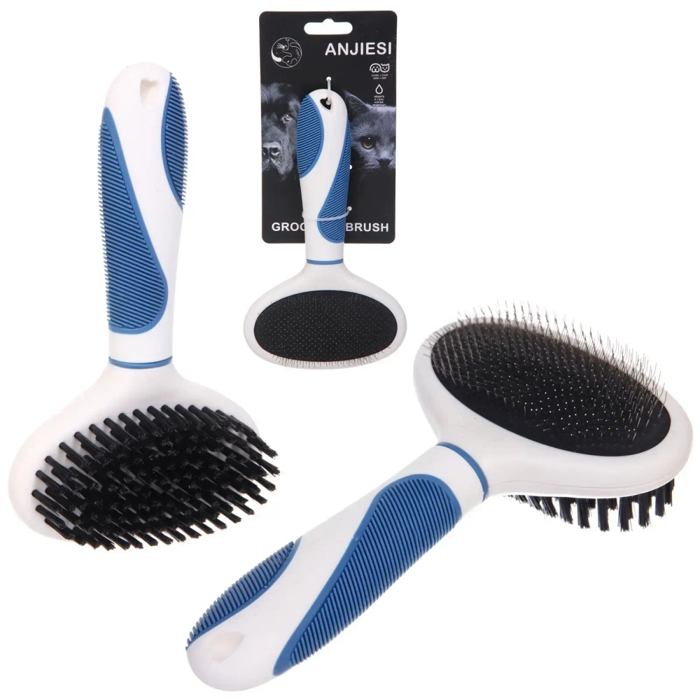 Расческа - пуходёрка двухсторонняя для животных «ЛАПУСИКИ», коллекция БРО, прорезиненная ручка, цвет белый/голубой, 11.5*20.5см (блистер)