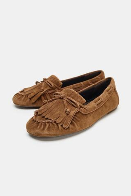 ZARA ЗАМШЕВЫЕ ЛОФЕРЫ С БАХРОМОЙ, ТЕМНЫЙ РЫЖЕВАТО-КОРИЧНЕВЫЙ