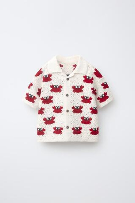 ZARA РУБАШКА С КРАБАМИ ИЗ КРУЖЕВА КРОШЕ, БЕЛЫЙ/КРАСНЫЙ