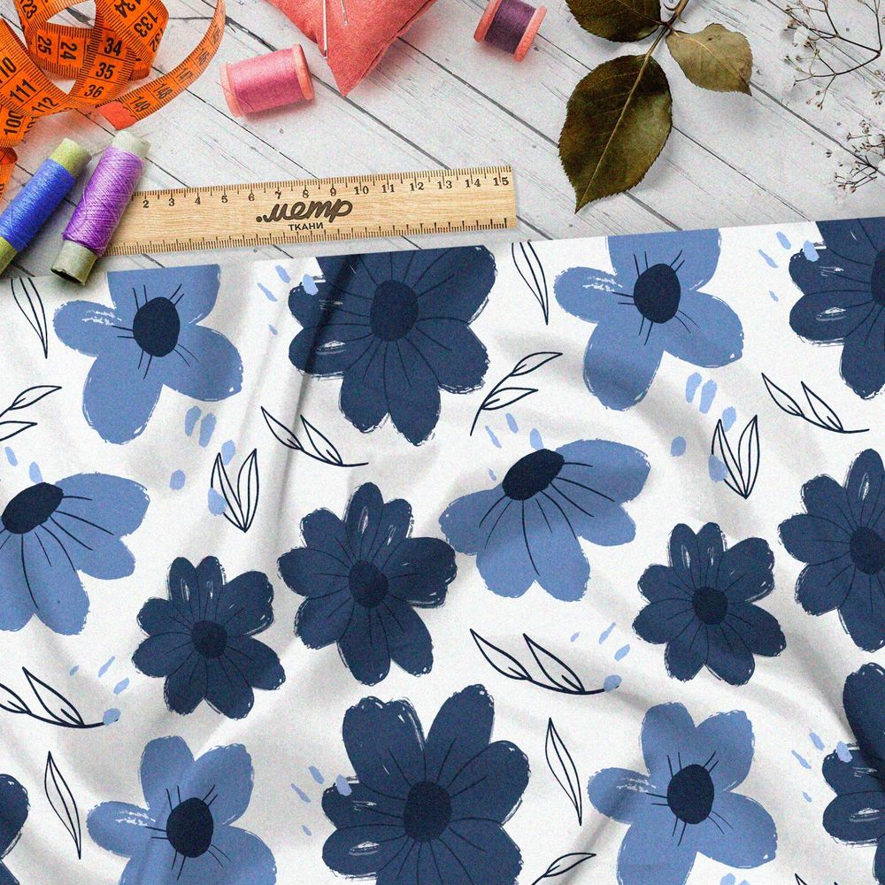 Ткань мембрана простые синие цветы на белом фоне