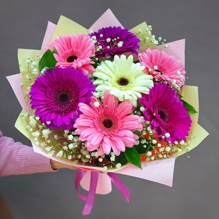 Букет из 7 гербер с гипсофилой и веточками рускуса