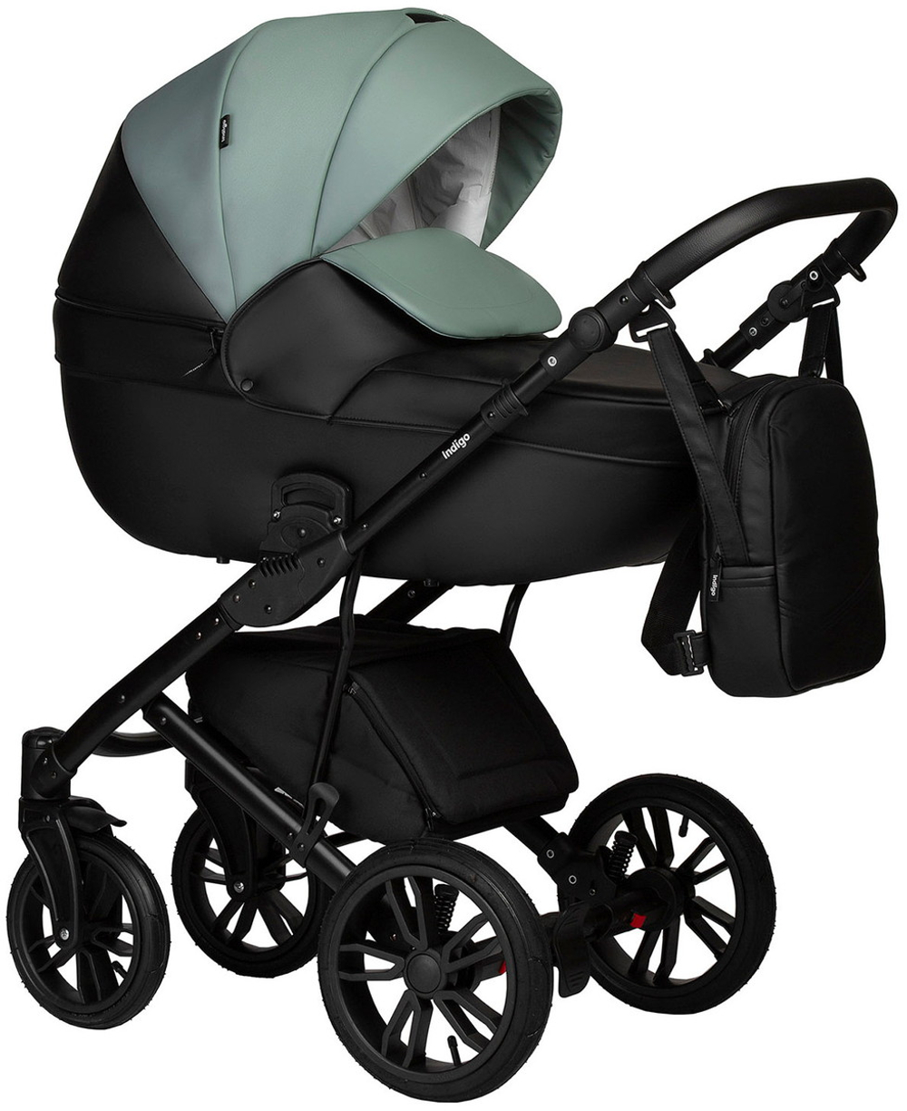 Детская коляска Indigo Mio Eco 3 в 1 с автокреслом Avionaut Cosmo Grey 05 черная кожа+шалфей кожа