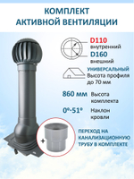 Комплект активной вентиляции: Вентиляционный выход изолированный D125/160 утепленный высота H=700 мм, проходной элемент универсальный кровельный (Universal), ротационная вентиляционная турбина Ø 160 мм серия Twister, переход на канализационную трубу D110 с вентиляционного выхода 125/160 без уплотнения, серый
