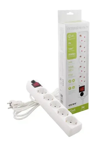Сетевой фильтр с предохранителем 3м 5 розеток СТАРТ удлинитель бытовой с заземлением, защита от перегрузки и короткого замыкания