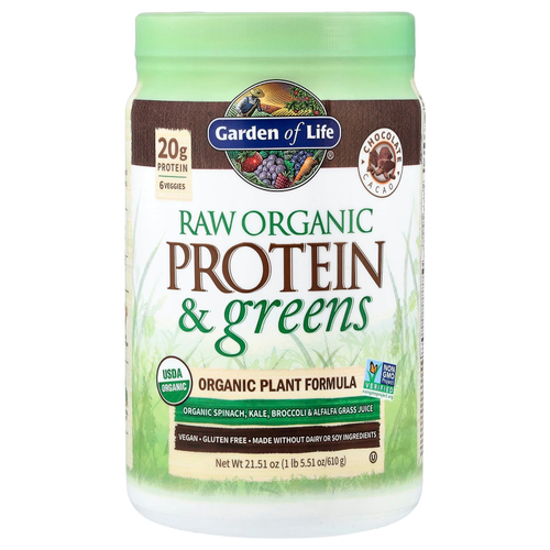 Garden of Life, сырой белок и зелень, формула с органическими растениями, шоколадное какао, 610 г (21,51 унции)