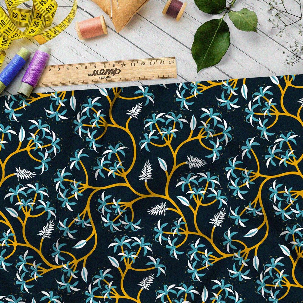 Ткань ниагара голубые цветы на золотых стеблях