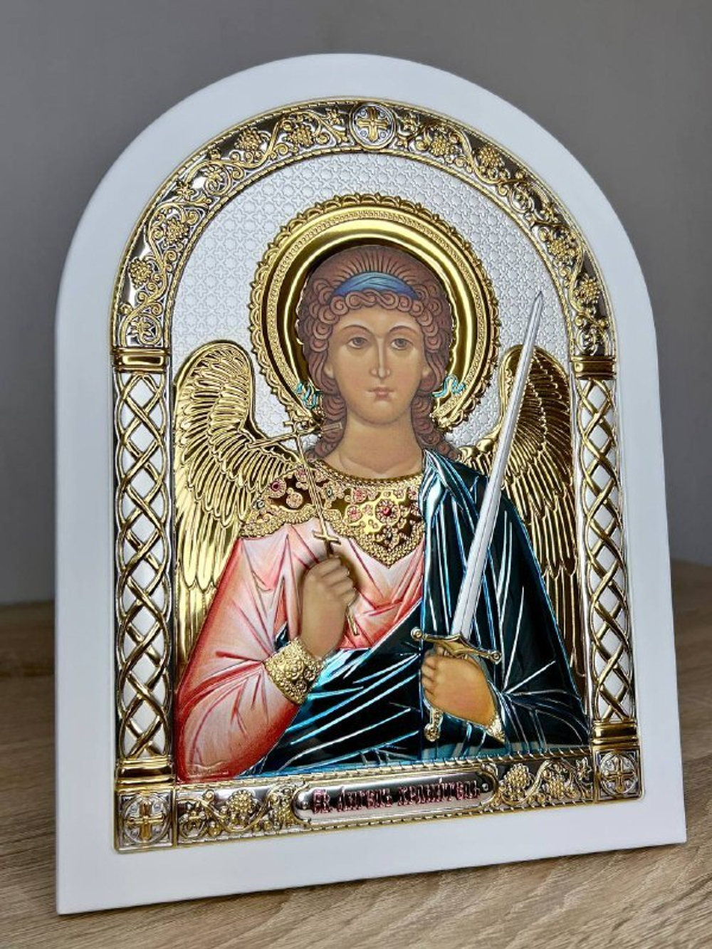 Ангел Хранитель, икона арочная, белое дерево, эмаль 150х200